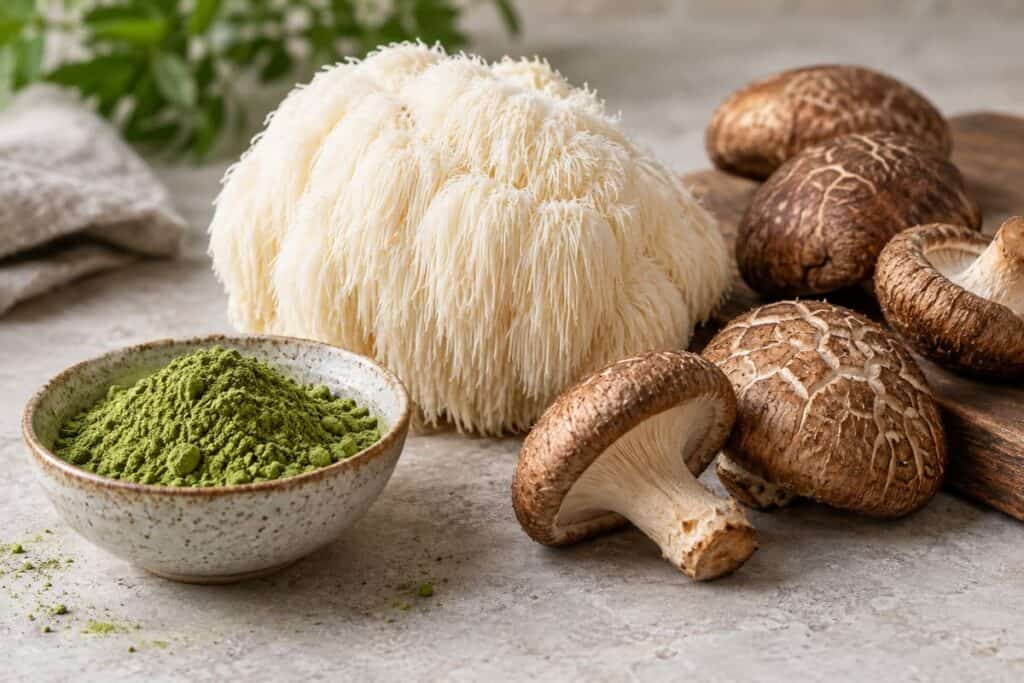 Matcha powder with separate fresh lion’s mane and shiitake mushrooms