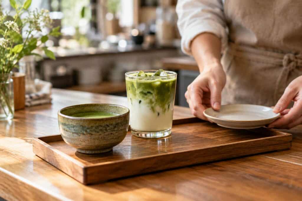 A matcha bowl and iced matcha latte on a café serving tray