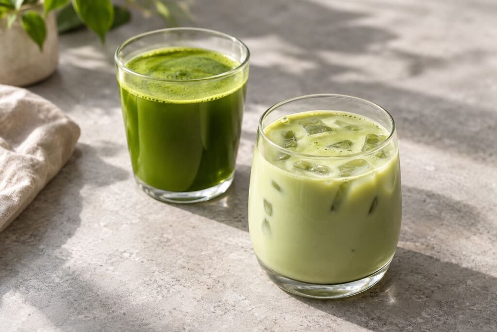 Is Matcha Keto-Friendly? Plain Tea, Carbs and Finished Drinks 7 Plain green matcha and a pale matcha latte in two separate glasses