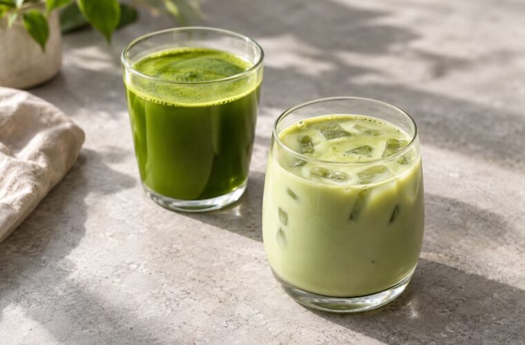 Plain green matcha and a pale matcha latte in two separate glasses