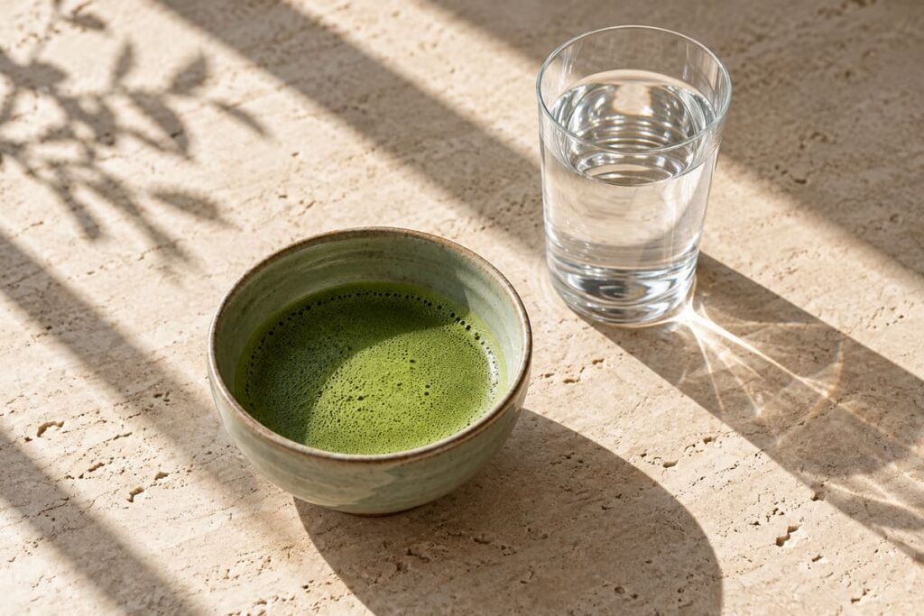 Does Matcha Break a Fast? Plain Tea, Lattes and Fasting Goals 9 Plain green matcha in a celadon bowl beside a glass of water on a stone table