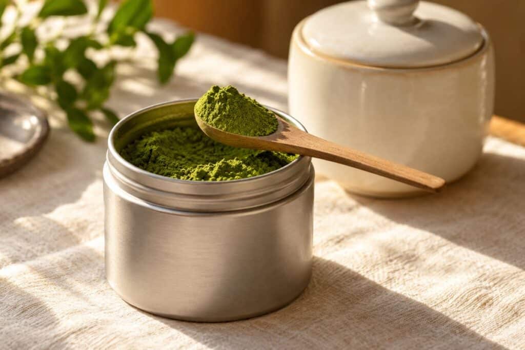Is Matcha Kosher or Halal? Ingredients and Certification 4 مغرفة خشبية من مسحوق الماتشا الأخضر مستندة على علبة شاي فضية مفتوحة
