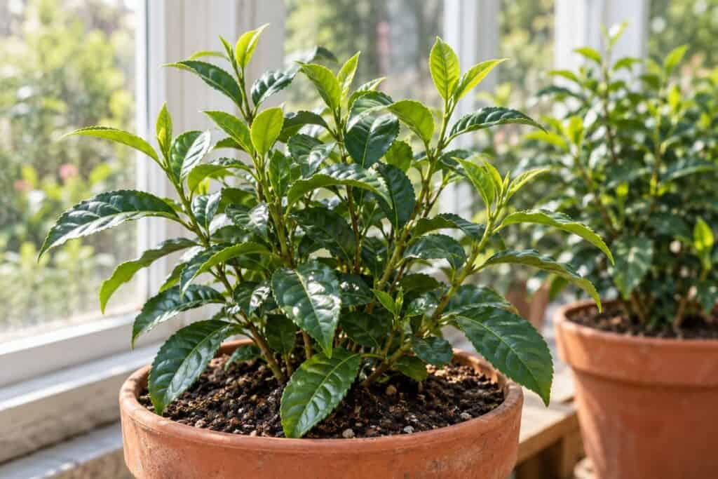 A young tea shrub with new green shoots growing in a terracotta pot