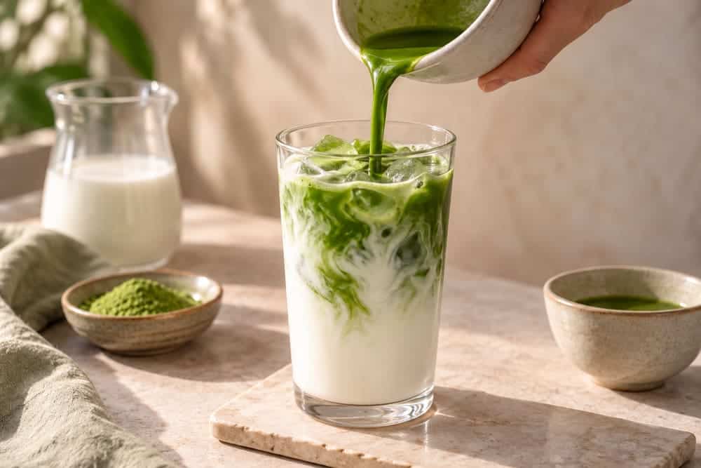 ماتشا مسكوبة فوق حليب مثلّج منكّه بالورد