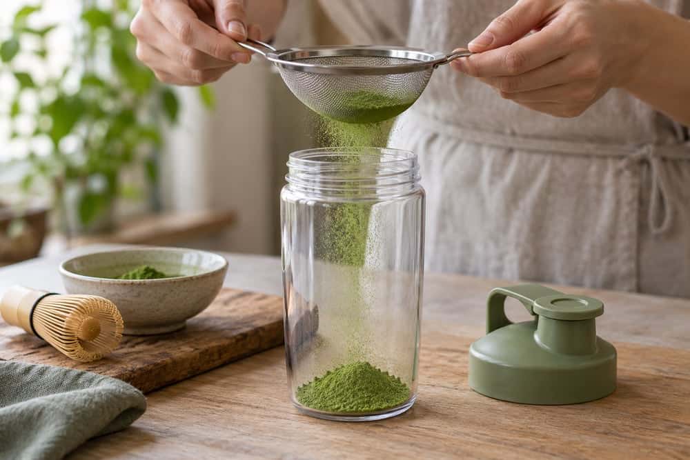 Matcha Before or After a Workout? Timing, Performance and Recovery 2 مسحوق ماتشا يمر عبر منخل ناعم إلى خلّاط مفتوح واسع الفتحة