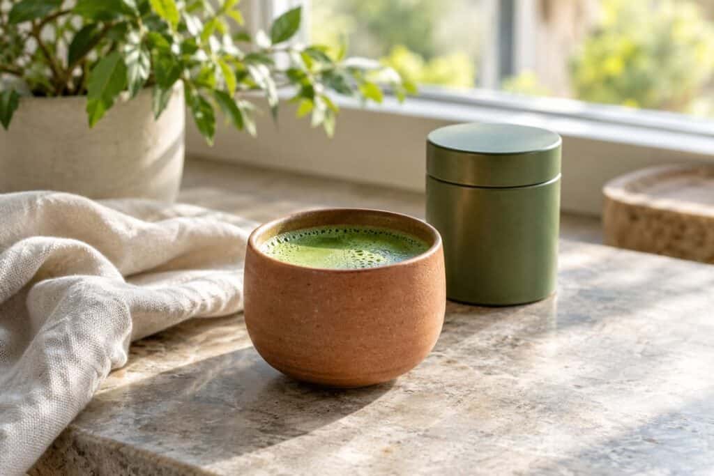 Can You Drink Matcha While Pregnant? Caffeine and Product Checks 8 كوب صغير من الفخار بلون الطين الأخضر يحتوي على ماتشا خضراء بجانب علبة شاي صافٍ مغلقة قرب نافذة