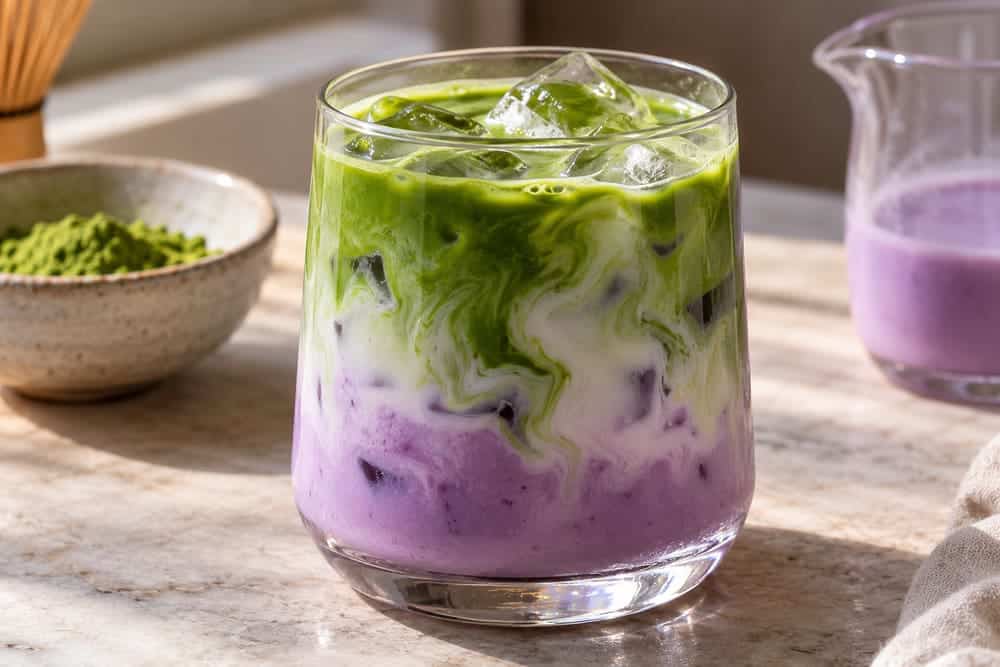 Purple ube milk and green matcha swirls around ice